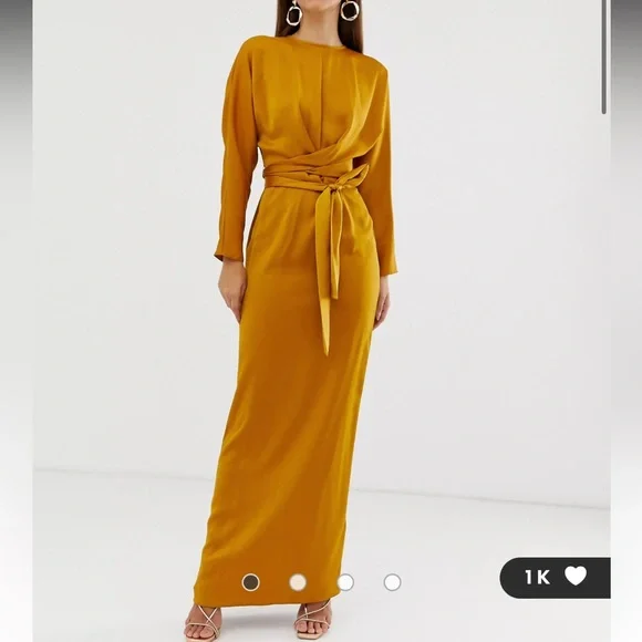 ASOS Design Maxi Dress with Batwing Sleeve and Wrap Waist in Satin-Gold